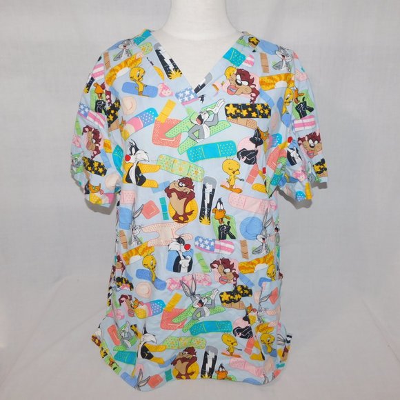 Looney Tunes Womens XL Scrub Top Shirt Band Aids Taz Bugs Bunny Tweety Daffy - Picture 6 of 14